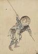 Rückansicht eines stehenden Mannes, der mehrere Kleidungsschichten und einen runden Kegelhut trägt - Katsushika Hokusai — Ansicht des Kunstwerks