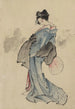 Porträt-Gemälde eines stehenden Frauenporträts, seitlich links, die ein Fächer in der rechten Hand hält, trägt einen Kimonomuster mit Karos - Katsushika Hokusai — Ansicht des Kunstwerks