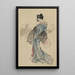 Porträt-Gemälde eines stehenden Frauenporträts, seitlich links, die ein Fächer in der rechten Hand hält, trägt einen Kimonomuster mit Karos - Katsushika Hokusai — gerahmtes Bild an der Wand