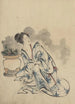 Frau, vielleicht eine Kurtisane, sitzt neben einem Blumentopf - Katsushika Hokusai — Ansicht des Kunstwerks