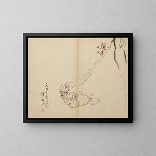 Die langen Arme, die Früchte greifen - Kawanabe Kyōsai — gerahmtes Bild an der Wand