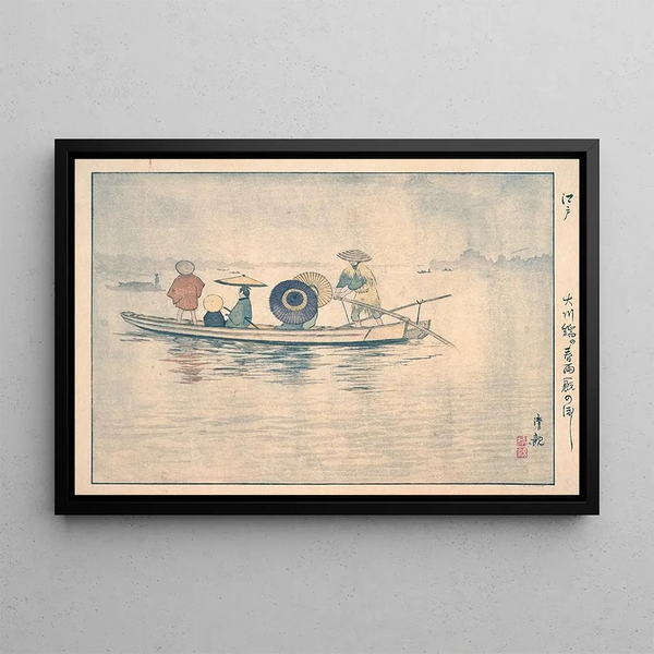 Frühlingsregen in der Nähe der Kawa-Flussbrücke, die Fähre bei den Stallungen - Kobayashi Kiyochika — gerahmtes Bild an der Wand