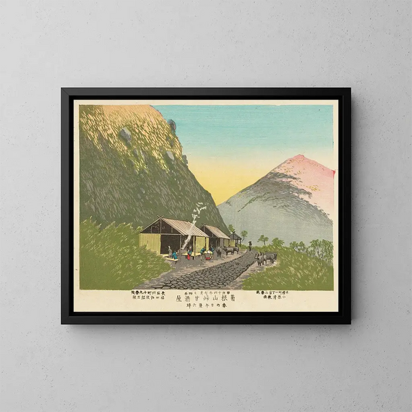 Haus des süßen Sake am Fuße des Mount Hakone, 18:00 an einem Frühlingstag - Kobayashi Kiyochika — gerahmtes Bild an der Wand