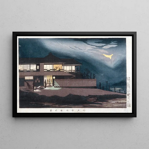 Ansicht der Unterhaltungsstätten in Imado bei Sonnenaufgang - Kobayashi Kiyochika — gerahmtes Bild an der Wand