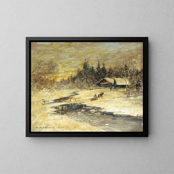 Schlitten auf einer Brücke bei Sonnenuntergang - Konstantin Alexeïevitch Korovine — gerahmtes Bild an der Wand