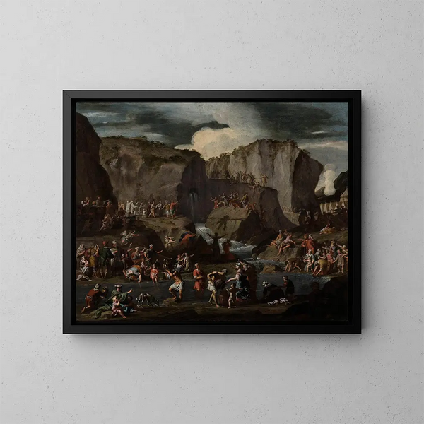 Moses, der Wasser aus dem Felsen fließen lässt - Krzysztof Lubieniecki — gerahmtes Bild an der Wand