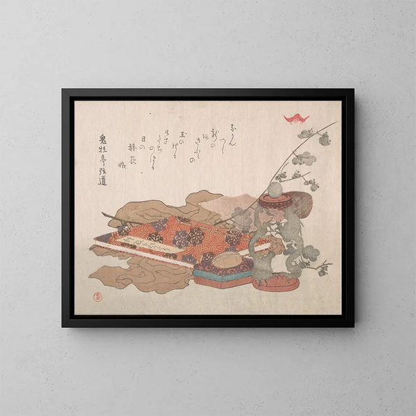 Buchstütze mit einer Kristallkugel und einem Stoffstück - Kubo Shunman — gerahmtes Bild an der Wand