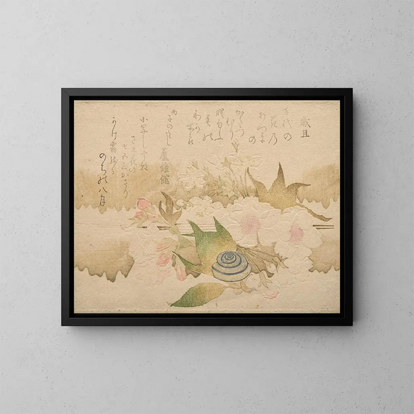 Gedichte des Neujahrs, Schnecke und Kirschblüten - Kubo Shunman — gerahmtes Bild an der Wand