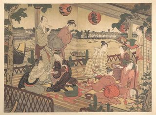 Kubo Shunman - Two Young Men and Several Women Dining at a Teahouse on the Bank of the Sumida River.webp