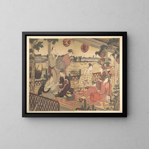 Zwei junge Männer und mehrere Frauen, die in einem Teeladen am Ufer des Sumida-Flusses speisen - Kubo Shunman — gerahmtes Bild an der Wand