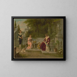 Kunstanstalten AG - Woman man and children at bench in garden.webp