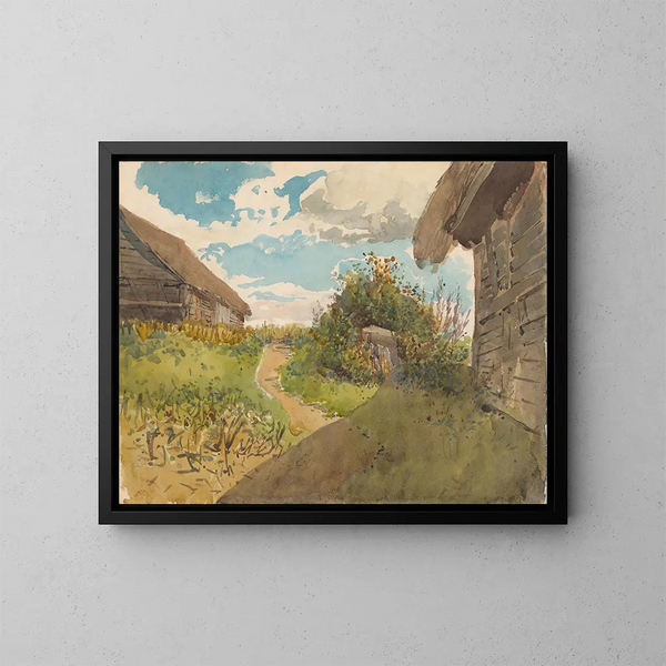 Landschafts-Gemälde zwischen Heuhaufen - Ladislav Mednyánszky — gerahmtes Bild an der Wand