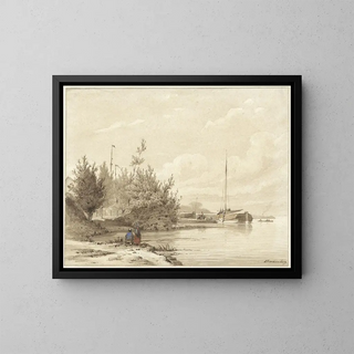 Lambertus Hardenberg - Landschap met gemeerde boten aan een rivieroever.webp