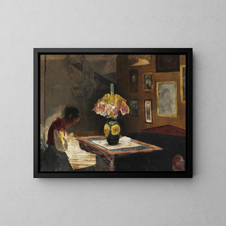 Laurits Andersen Ring - Kunstnerens hustru Sigrid syende ved lampelys Karrebksminde.webp