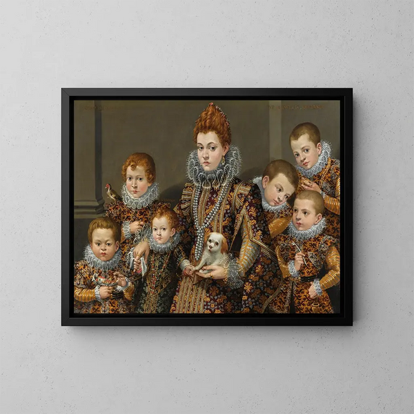 Portrait von Bianca Degli Utili Maselli, die einen Hund hält und von sechs ihrer Kinder umgeben ist - Lavinia Fontana — gerahmtes Bild an der Wand