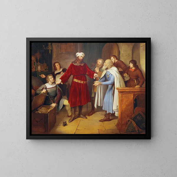 Leopold von Babenberg übergibt seine Schätze an die Bürger Wiens - Leander Russ — gerahmtes Bild an der Wand