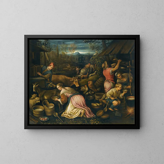 Leandro Bassano - Spring  A Village Scene With Peasants Milking Goats And Baking Bread.webp