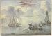 Ruhige See, die Sonne geht auf, im Vordergrund ein Boot mit mehreren Personen, das sich auf zwei Schiffe zubewegt, rechts am Ufer die Laterne - Leendert de Koningh — Ansicht des Kunstwerks