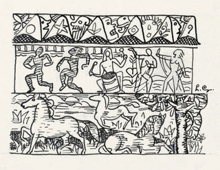 Leo Gestel - Blad met drie stroken afbeeldingen paarden dansende mensen en maskers.webp