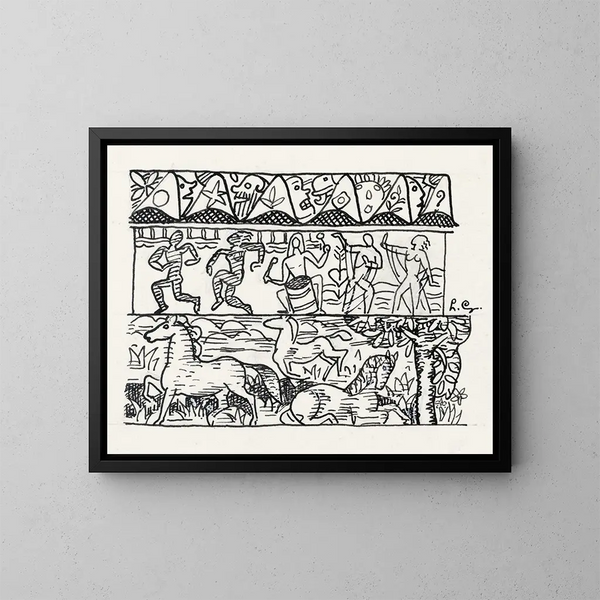 Blatt mit drei Streifen von Pferdebildern, tanzenden Menschen und Masken - Leo Gestel — gerahmtes Bild an der Wand