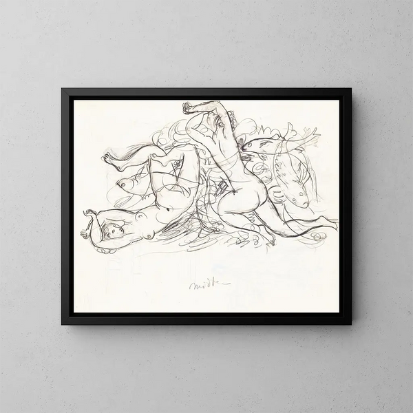 Skizzenblatt mit nackten Frauen, die schwimmen, und Fischen - Leo Gestel — gerahmtes Bild an der Wand