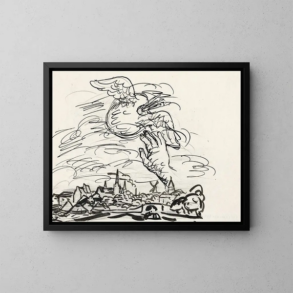 Unbenanntes Gemälde, Skizze einer Vignette für die Biografie von Gestel von Van der Pluym, Blick auf Woerden mit einer Hand, die zu einer geflügelten Palette ausgestreckt ist - Leo Gestel — gerahmtes Bild an der Wand