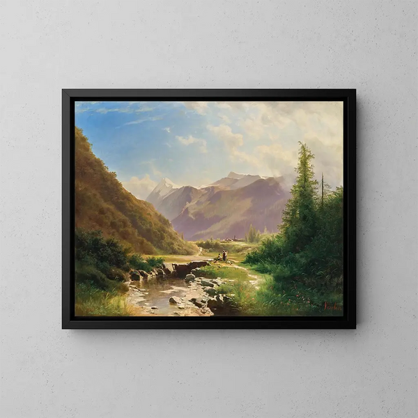 Bergers ruhen in einer weiten Berglandschaft - Leopold Heinrich Vöscher — gerahmtes Bild an der Wand