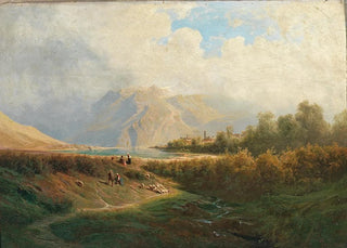 Leopold Heinrich Vscher - Upper Italian Town on a Lakeshore with Herd of Sheep and Shepherd in the foreground.webp