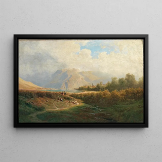 Leopold Heinrich Vscher - Upper Italian Town on a Lakeshore with Herd of Sheep and Shepherd in the foreground.webp
