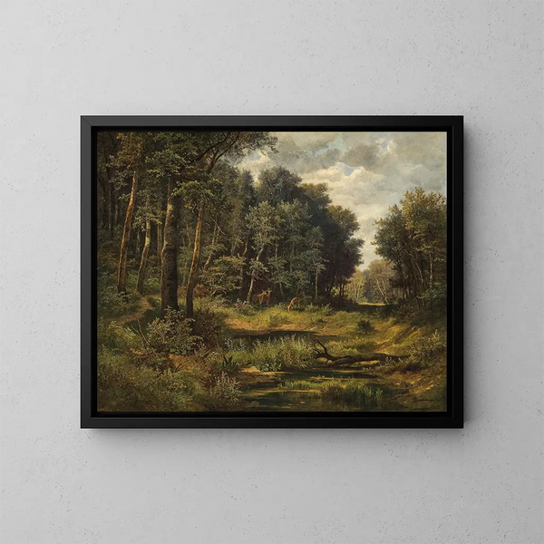 Reh am Teichrand im Wald - Leopold Munsch — gerahmtes Bild an der Wand