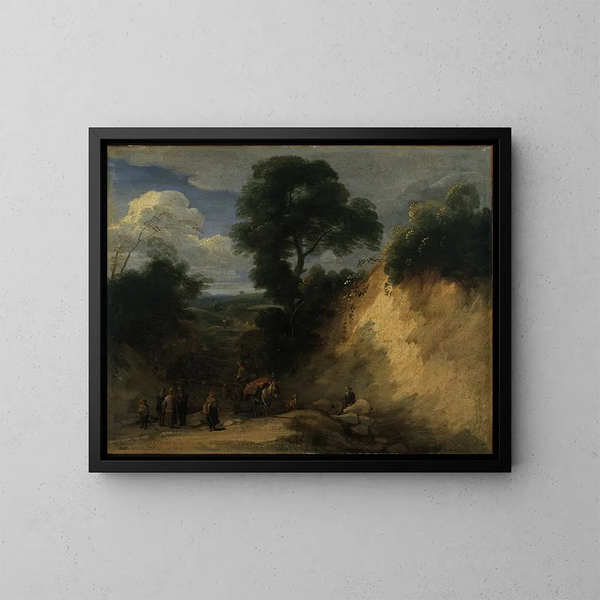 Der Forst von Soignes mit Markthändlern - Lodewijk de Vadder — gerahmtes Bild an der Wand