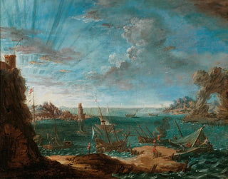 Lodovico Mattioli - A coastal landscape with ships and figures.webp