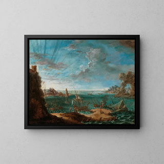 Lodovico Mattioli - A coastal landscape with ships and figures.webp