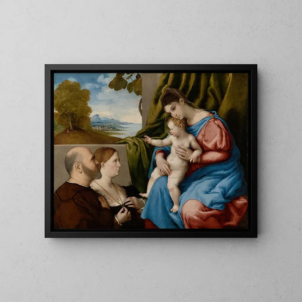 Jungfrau mit Kind und zwei Spendern - Lorenzo Lotto — gerahmtes Bild an der Wand