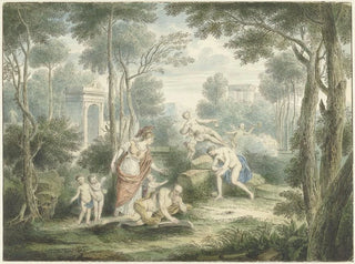 Louis Fabritius Dubourg - Arcadisch landschap met Athene die een oude man kroont en Venus en Adonis.webp