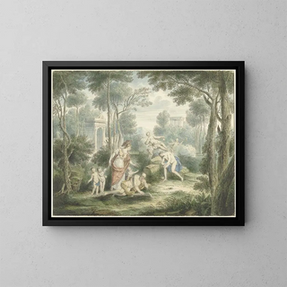 Louis Fabritius Dubourg - Arcadisch landschap met Athene die een oude man kroont en Venus en Adonis.webp