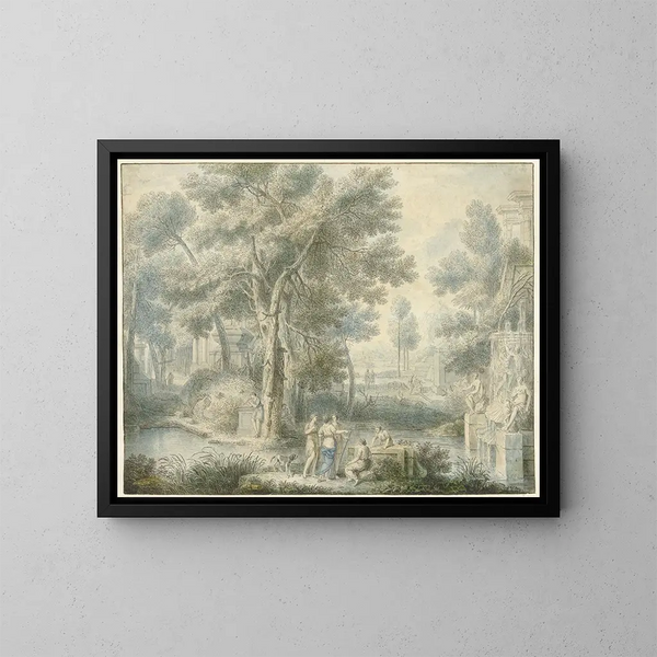 Landschaft im Arcadien mit einem Brunnen rechts - Louis Fabritius Dubourg — gerahmtes Bild an der Wand