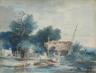 eines Flusslandschaftsgemäldes mit Wäscherinnen in der Nähe einer Mühle - Louis Gabriel Moreau — Ansicht des Kunstwerks
