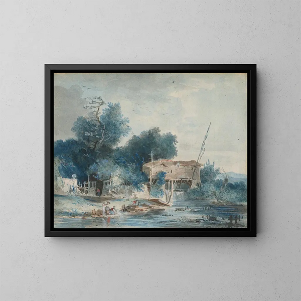 eines Flusslandschaftsgemäldes mit Wäscherinnen in der Nähe einer Mühle - Louis Gabriel Moreau — gerahmtes Bild an der Wand
