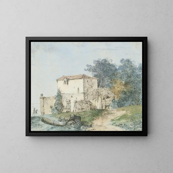 Haus auf dem Land in einer Landschaft - Louis Gabriel Moreau — gerahmtes Bild an der Wand