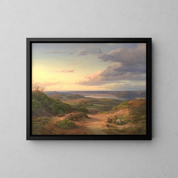 eines Landschaftsbildes in der Nähe von Himmelbjerget, Jütland. Im Vordergrund eine Zigeunerfamilie. - Louis Gurlitt — gerahmtes Bild an der Wand