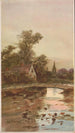 Pont sur un ruisseau avec un cottage et une église en arrière-plan - Louis Kinney Harlow — Ansicht des Kunstwerks