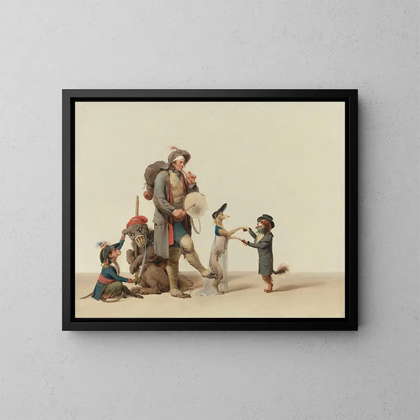 Die neugierige Szene: ein Tiertrainer mit tanzenden Hunden, einem Bären und einem Affen - Louis Léopold Boilly — gerahmtes Bild an der Wand