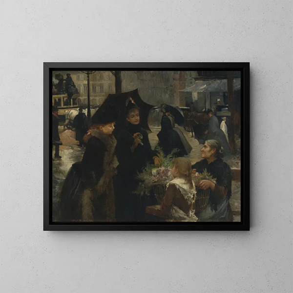 Blumenverkäuferin bei Regenwetter - Louis Marie de Schryver — gerahmtes Bild an der Wand