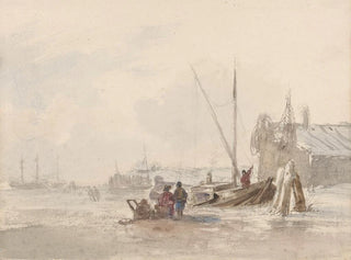 Louis Meijer - Strandgezicht met vissers bij een boot op de voorgrond.webp