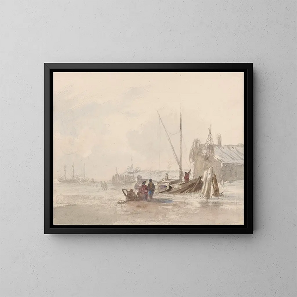 Ansicht des Strandes mit Fischern in der Nähe eines Bootes im Vordergrund - Louis Meijer — gerahmtes Bild an der Wand