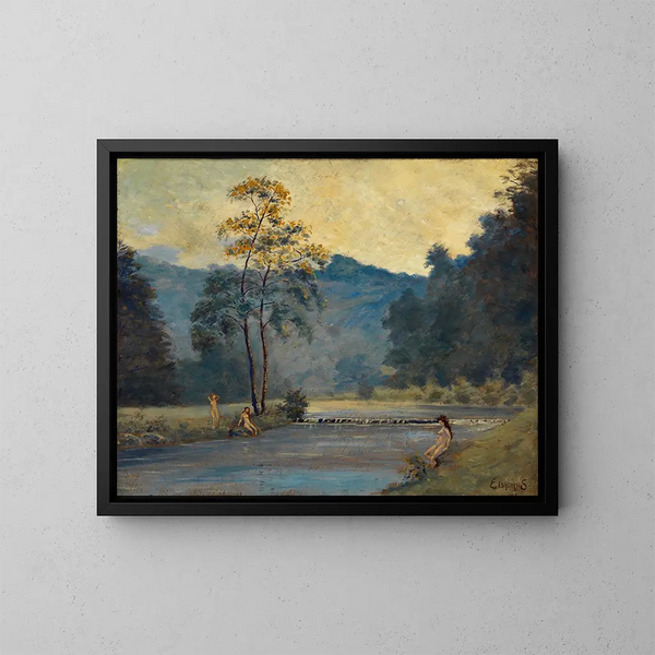 Drei Mädchen und ein Fluss - Louis Michel Eilshemius — gerahmtes Bild an der Wand