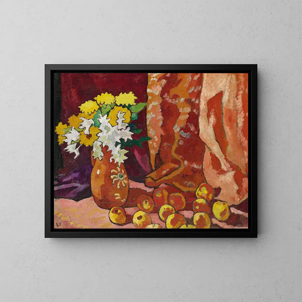 Blumenstrauß aus der braunen Krug und Äpfeln - Louis Valtat — gerahmtes Bild an der Wand