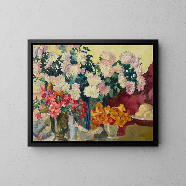 Drei Blumenvasen und Apfelplatte - Louis Valtat — gerahmtes Bild an der Wand