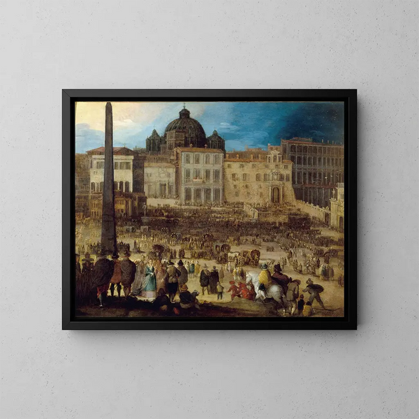Ansicht des Petersplatzes in Rom bei der Wahl von Papst Clemens VIII. im Jahr 1592 - Louis de Caulery — gerahmtes Bild an der Wand